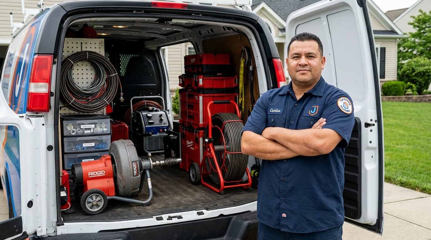 Professional drain cleaning equipment and Johns Plumbing LLC plumber in Fairton