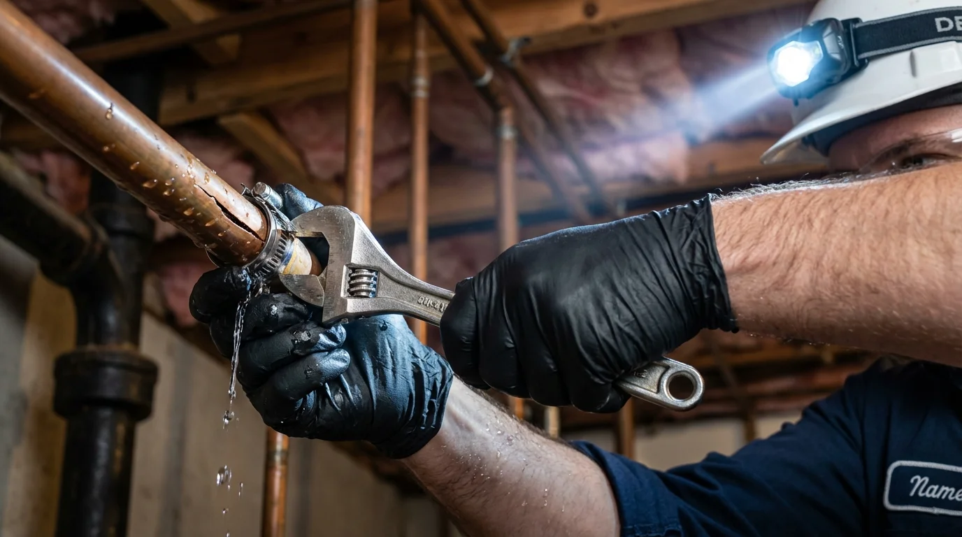 Emergency pipe clamp repair being performed by a Johns Plumbing LLC plumber in Fairton