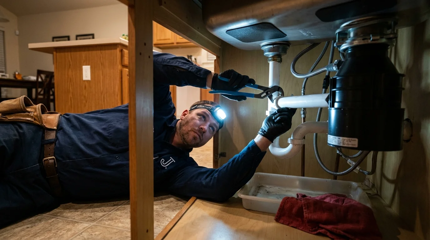 P-trap and supply line connections under a kitchen sink showing a common leak point in Fairton, NJ